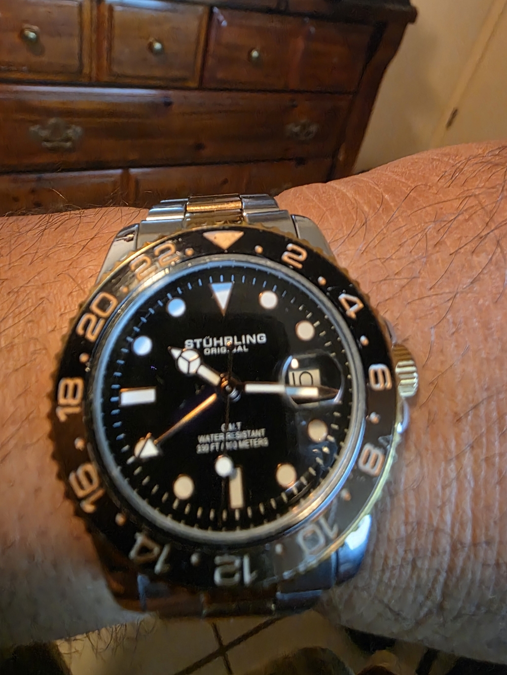 Stührling Original Black Dial Stainless Steel/ Rose Gold GMT Watch